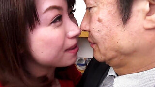 Obedient Japanese wife Tsubaki Kato kneels down for a BJ