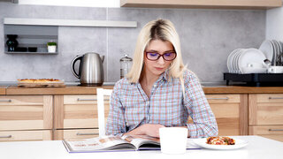 Nerdy blonde teen takes a break from studying to suck and fuck