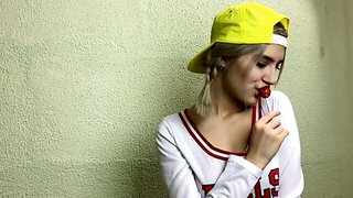 Babe with naked tits licks lollipop and then suck rigid penis