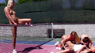 Tennis doubles turn into a lesbian foursome on an outdoor court
