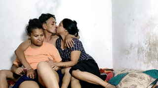 MILFs with big boobs are having fun with a skinny dude