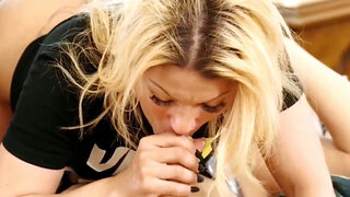 Blonde with a nice set of tits strokes him and fucks him