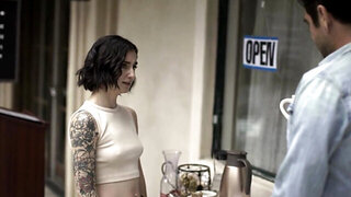 Cute inked Stevie Moon has fun with a tall inked guy's cock