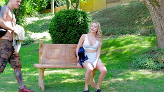 Skinny blonde finds a way to get fucked outside