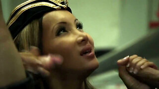 Two horny passengers are fucking one amazing stewardress