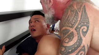 Asian lad with a muscular body is getting freaky with a DILF
