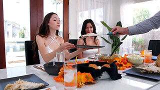 Two girls with great bodies fucking in a Thanksgiving scene