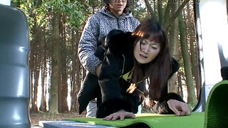 Old Japanese lady fucks hard dick while in the woods