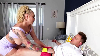 Big boobs blonde shows her crotch to get him hard AF