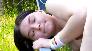 Petite teen with a cute booty plays with her tight cunt