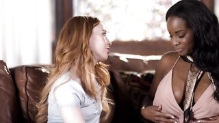 Two whtie and one black babe in interracial lesbian threesome