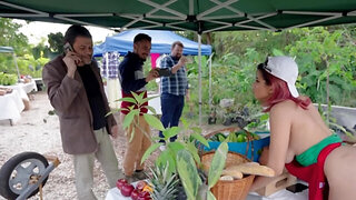 Big ass redhead girl gets banged at a veggie stand