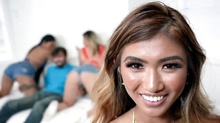 Girls suck cock and get it in twats in turn during foursome