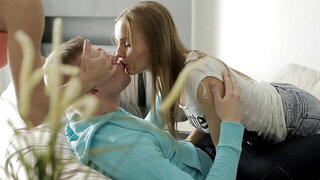 Beauties surprise him with a hot teen threesome