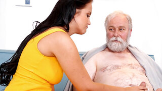 Passionate big boobs brunette fucks old buddy fat cock