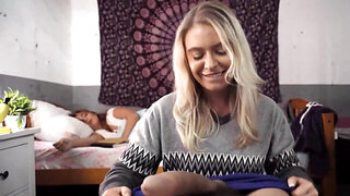 Sneaky dorm room blowjob from pretty faced Krissy Knight