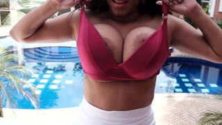 Appealing Latina mom is ready to pull down her top for a better view