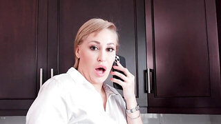 Stepmom with short hair blows dick in the kitchen