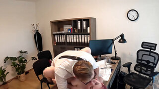 Long flowing brunette hair bounces around during wild office sex