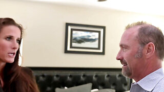 Mature brunette in black stockings and heels gets pounded on bed