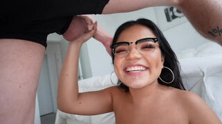 Nerdy girl gags when she blows stepbrother's cock on cam