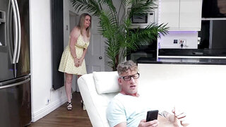 Chubby GILF catches the lad playing with his penis