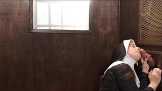 Submissive nun working all the hard dicks at the gloryhole