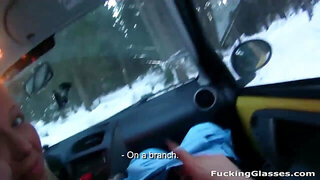Snowboarder female enjoys manhood