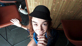 Exotic waitress sucks and fucks customer buddy long dick in bar