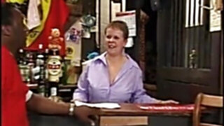 Chubby woman with short hair is rocked by a black man