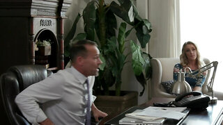 Two guys are double penetrating one nympho blonde in the office