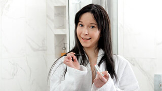 Slim babe with tiny titties uses a huge sex toy to orgasm