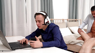 Slutty chick fucks with boyfriend's dad behing his back