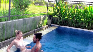 Small tits babe is going to get fucked poolside