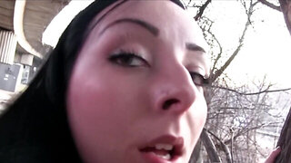 Bad brunette with a bird-like face gets to fuck in public