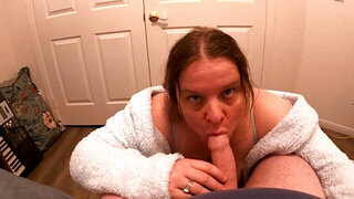 Chubby all natural MILF tittyfucks and rides my thick dick