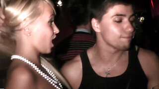 A blonde is in a pov scene in public, sucking a big hard dick