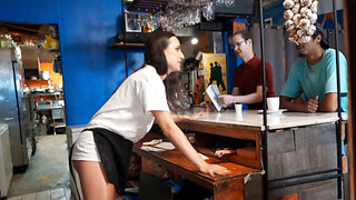 Sandy Love and Lola Aiko licking pussies in the pub