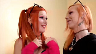 Three shemales fuck red-haired girl with ponytails