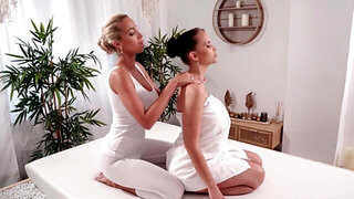 Two busty lesbians leave the massage table soaking wet