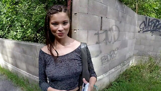 Busty Asian student rides a fat cock under the bridge