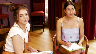 Lezzie artists lick and fuck their model's hairy pussy