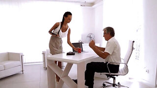 Brunette with a tight bod fucks her gross old boss