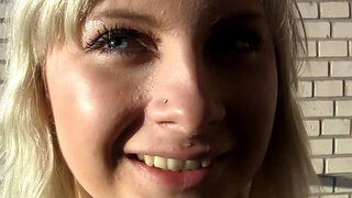 Petite amateur blondie getting rammed by two kinky dudes outdoors