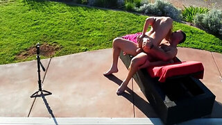 Petite nymph copulates with mature lover under the sun