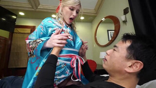 Thirsty young blonde worships the cock in charming POV