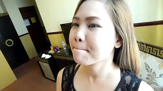 Oriental teen with small boobs tempts the man