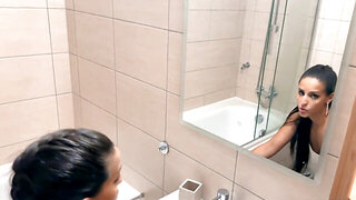 Bathroom screwing in doggy and missionary for these two