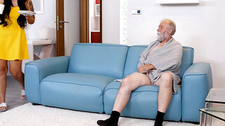 Passionate big boobs brunette fucks old buddy fat cock