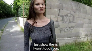 Busty Asian student rides a fat cock under the bridge